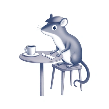 A French grenouille sits comfortably at a café table. The grenouille is wearing a stylish beret tilted slightly to one side. In front of it, on the table, is a tiny espresso cup resting on a saucer. The café table is round, with a smooth surface and slender legs. The setting features a few simple details such as a small napkin next to the cup and a spoon placed beside it.