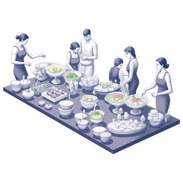 A long, elegantly arranged dinner buffet table filled with a diverse array of dishes from various cuisines. Each dish is presented in polished silver serving trays and glass bowls, showcasing vibrant food. There are several bowls of colorful salads, platters of grilled meats, and fragrant rice dishes. Freshly baked bread is stacked in baskets along the edges of the table. Decorative elements, such as candles and small floral arrangements, enhance the visual appeal. Guests are seen interacting, some serving themselves while others engage in conversation, contributing to a lively atmosphere.