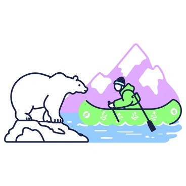 A polar bear is standing on a rocky shore, gazing curiously at an Inuit canoe floating on the water. The bear's white fur is highlighted against the landscape. In front of the canoe, which features traditional designs, a man in a parka is seated, holding a paddler’s tool. The scene captures the peaceful interaction between the wildlife and the canoe. The water is calm, reflecting the bear and the canoe's shapes. In the background, snow-covered mountains rise against the horizon.