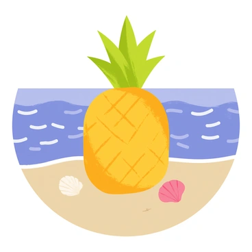 A vibrant pineapple with a green crown of spiky leaves sits atop a light brown sandy beach. The pineapple is yellow with a textured surface, reflecting sunlight. In the background, the ocean ripples in shades of blue, glistening under the sun. Gentle waves lap at the shore, and a few seashells are scattered around the pineapple on the sand. The sky is a clear blue, adding to the bright atmosphere of the scene.