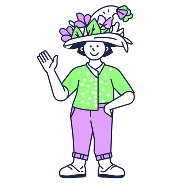A flat-faced character is standing with a playful pose, one hand on their hip and the other raised in a friendly wave. They are wearing a large, whimsical hat that is intricately adorned with a variety of flowers and colorful feathers. The flowers are blooming in different shapes and sizes, creating a vibrant display on the hat. The character's outfit complements the hat, featuring a patterned shirt and comfortable trousers. The character is smiling, exuding a sense of joy and cheerfulness.
