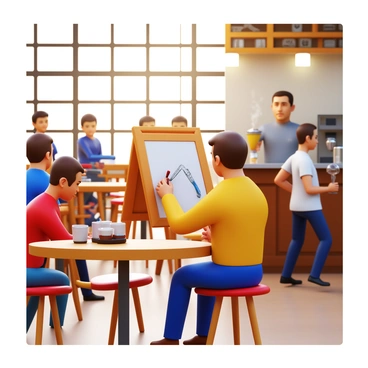 An artist with a pencil is sketching "everyday life scenes" in a "bustling café." The café features wooden tables and chairs, with patrons engaged in conversation and enjoying their drinks. A barista is preparing coffee behind the counter, steam rising from a machine. The artist is focused, capturing details like the expressions of people and the arrangement of items on the tables. Sunlight streams through the windows, illuminating the café's vibrant atmosphere.