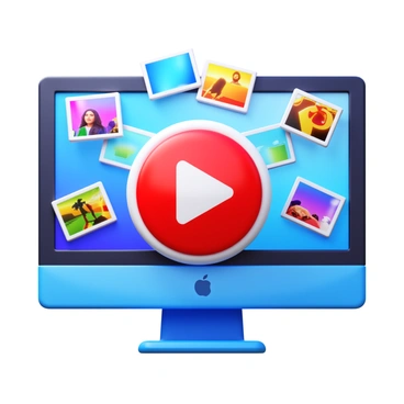 A play button bursting out of a computer screen with vibrant video snippets