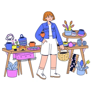 A young French girl with a light brown bob haircut is browsing at an artisan market. She is wearing a simple white dress with a denim jacket, and carrying a woven basket. Surrounding her are various handmade crafts, including colorful pottery, intricate jewelry, and woven textiles displayed on wooden tables. The market is filled with vibrant colors and textures, with a few plants and flowers adding to the lively atmosphere.