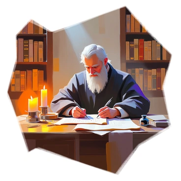 An ancient scholar with a long grey beard and wearing a dark robe is carefully writing a famous formula on a parchment scroll. The scholar is seated at a wooden desk surrounded by tall shelves filled with numerous old books. Soft candlelight flickers, casting warm shadows across the room, highlighting the intricate details of the scroll and the scholar's focused expression. The desk is cluttered with quills, ink pots, and scattered papers, adding to the atmosphere of scholarly pursuit. In the background, the spines of the books are visible, displaying titles in faded gold lettering.
