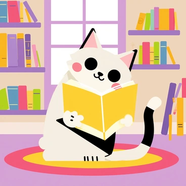 A cartoon cat with large expressive eyes and a fluffy tail is sitting on a colorful rug in a library. The cat is focused on a "glowing book" held open in its paws. The pages of the book emit a warm, bright light that illuminates the surrounding area. In the background, there are "floating shelves" filled with various colorful books, each shelf suspended in mid-air. The library has a whimsical design, with vibrant colors and playful patterns on the walls. Soft, ambient light fills the room, enhancing the magical atmosphere.