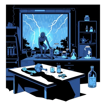 A dimly lit laboratory filled with various scientific equipment and strange apparatuses. The room is cluttered with glass jars containing mysterious substances and body parts. A large table in the center holds a partially assembled figure, shrouded in shadows. Outside the window, a fierce thunderstorm rages, with rain cascading down the glass. Bright flashes of lightning brightly illuminate the scene, casting stark shadows and revealing intricate details of the lab’s chaotic environment. The atmosphere is tense, emphasizing the dramatic contrasts between light and dark.
