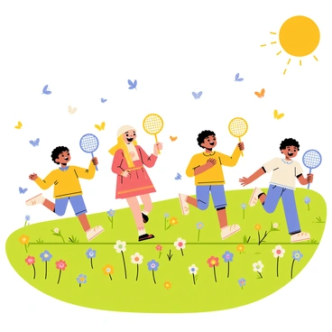 A group of four hobbit children is playing in a vibrant field filled with colorful wildflowers. The children, dressed in simple yet cheerful clothing, are laughing and running energetically, with their small feet barely touching the ground. Each child has a butterfly net in hand, while delicate butterflies in shades of blue, yellow, and orange flutter around them. The sun is shining brightly, casting warm light across the scene, illuminating the cheerful faces of the hobbit children as they chase after the butterflies among the lush green grass and blooming flowers.