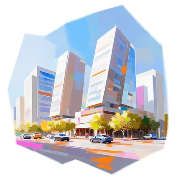An urban area features several high-rise buildings, showcasing a mix of modern architectural designs. Some of the buildings are visibly leaning at various angles, creating an interesting visual dynamic due to the influence of a nearby transform fault. The skyline is filled with a variety of structures, including glass facades reflecting sunlight and concrete towers with intricate details. Street-level elements, like cars and pedestrians, add to the bustling atmosphere of the city. The background includes a clear blue sky, enhancing the contrast with the leaning buildings.