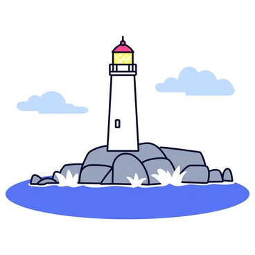 A tall white lighthouse stands prominently on a rocky coastline at Peggy's Cove. The lighthouse has a red roof and a lantern at the top, with a bright light shining through the glass. Surrounding the lighthouse are rugged gray rocks that create a dramatic scene. Waves crash against the rocks, sending sprays of white foam into the air. The sky is clear with a few fluffy clouds scattered, allowing sunlight to illuminate the scene.