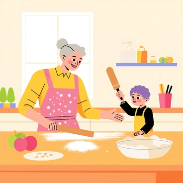 A loving grandmother with silver hair tied in a bun is standing in a cozy kitchen. She is wearing a floral apron and smiling as she demonstrates how to roll out dough on a wooden countertop. The grandchild, a young child with curly hair, is eagerly watching and holding a rolling pin. Flour is dusted across the countertop and there are various ingredients like apples, sugar, and cinnamon on the table. A pie dish is ready to be filled, and a warm light is coming from a window, illuminating the joyful scene.