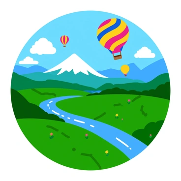 A colorful hot air balloon with vibrant patterns is floating high above a scenic landscape. The balloon features stripes of red, blue, yellow, and green. Below, a lush green valley stretches out with rolling hills and patches of colorful wildflowers. A winding river glimmers under the sunlight, reflecting the blue sky dotted with fluffy white clouds. In the distance, majestic mountains rise against the horizon, completing the picturesque view. Other hot air balloons can be seen in the background, competing in a race, adding excitement to the scene.