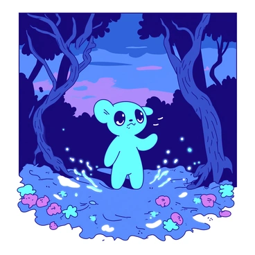 A blue Shugao figure stands in a mystical grove, surrounded by tall, twisting trees with luminous leaves. The ground is carpeted with vibrant, luminescent flowers that emit a soft glow. The twilight sky above is a blend of deep blue and light purple hues. The Shugao figure is looking around curiously, with its large eyes reflecting the enchanting light of the grove. Wisps of ethereal mist swirl around the figure's feet, adding to the magical atmosphere. Small, glowing orbs float gently through the air, illuminating the scene with a surreal light.
