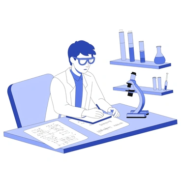 A researcher is seated at a wooden table, focused on writing notes in a lab journal. The researcher has short hair and is wearing safety goggles and a lab coat. Test tubes filled with various clear liquids are arranged neatly on a nearby shelf, alongside a glass beaker and a pipette. A microscope is positioned to the side, while scattered papers with diagrams and formulas lay across the table. The lighting is bright, highlighting the details of the lab equipment and the researcher's concentrated expression.