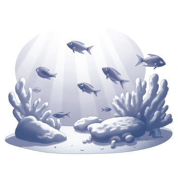 An underwater scene with various species of fish swimming among coral formations. The fish display different shapes and sizes, some are small and darting, while others are larger and more majestic. The corals are intricately shaped, showcasing a variety of textures and structures. Sunlight filters down through the water, illuminating parts of the scene and creating dappled light patterns on the sandy ocean floor. The composition captures the lively interaction between the fish and the coral environment.