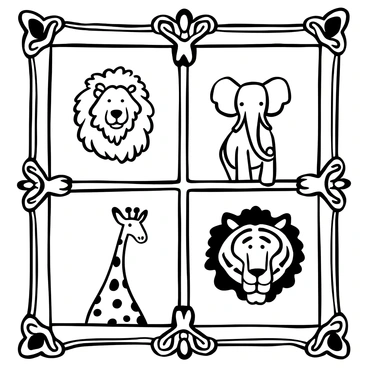 A large, ornate frame displays four distinct portrait-style illustrations of wild animals. The first illustration features a majestic lion, its mane intricately detailed and flowing. The second illustration showcases a powerful elephant, capturing the textured skin and large ears. The third illustration presents a graceful giraffe with a long neck and unique patterns on its fur. The final illustration depicts a fierce tiger, its stripes bold and striking. Each animal is centered within its own section of the frame, with decorative patterns bordering each portrait.