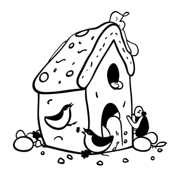A birdhouse crafted from different types of bread with little birds pecking at it