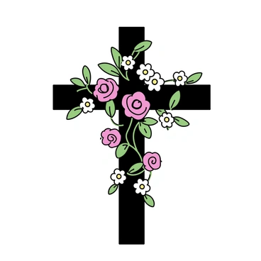 A cross, made of dark wood, positioned at the center of the image. The cross is intertwined with various blooming flowers, including bright red roses and delicate white daisies, draping gracefully around its arms. Green leaves emerge from the flowers, adding to the scene of growth. The background is simple, allowing the focus to remain on the cross and the vibrant blossoms.
