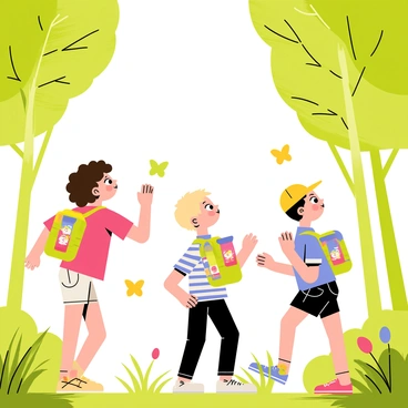 Children exploring the forest with a backpack filled with juice boxes and snacks.