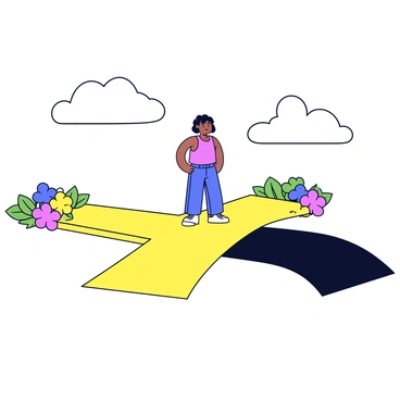 A person standing at a crossroads with two visible paths. One path is bright and inviting, with a golden hue and surrounded by colorful flowers. The other path is darker and less defined. The person is positioned in the center, looking towards the bright path. The individual is wearing casual clothing and has a thoughtful expression, as if contemplating the decision ahead. The sky above is clear with a few fluffy clouds.