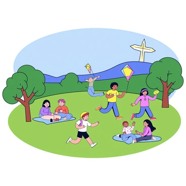 A group of children are playing in a green park, engaging in various activities like running and playing tag. Some children are flying colorful kites, while others are playing with a frisbee. In the background, "Christ the Redeemer" is visible on a distant hill, towering over the landscape. The sky is clear and blue, complementing the lively atmosphere of the park. Trees with lush leaves surround the area, providing shade for families picnicking on the grass.