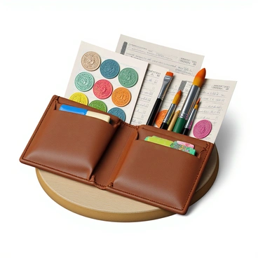 A brown leather wallet, neatly opened, revealing its inner compartments. Inside the wallet, there are colorful sketches of coins with intricate designs, depicting various denominations. Alongside the coins, there are images of paintbrushes in different sizes, some with vibrant paint splotches on the bristles. The wallet is placed on a clean wooden surface, allowing the details of the sketches to be clearly visible.