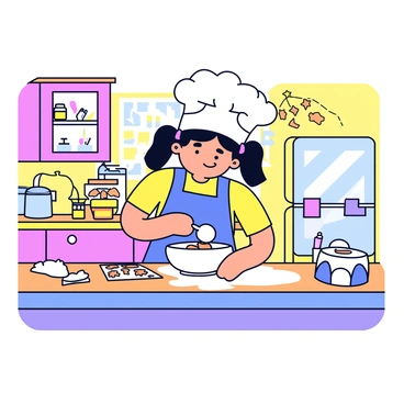 A cartoon girl with pigtails wearing a large white chef's hat is standing at a wooden countertop in a cheerful kitchen. She is mixing cookie dough in a bowl with a spoon. Flour is lightly dusted around her, and a few cookie shapes are already placed on a baking sheet beside her. The kitchen features colorful cabinets and a bright window with sunlight streaming in. There are cookie jars and baking tools visible on the shelves, adding to the lively atmosphere.
