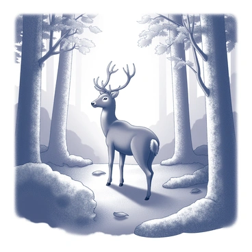 A deer standing gracefully in a forest environment. The deer has a slender body and delicate antlers, with its head slightly turned as it observes its surroundings. Tall trees with textured bark and lush foliage create a dense backdrop. Wisps of mist weave through the underbrush, enhancing the serene atmosphere. Sunlight filters through the leaves, casting interesting shadows on the forest floor, which is covered in soft moss and fallen leaves.