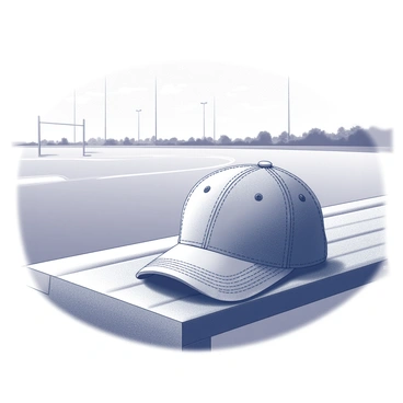 A baseball cap placed on a wooden bench. The cap has a structured crown and a curved brim, with visible stitching and eyelets for breathability. The bench is situated in the foreground of a sports field that features a well-maintained green grass surface. In the background, there are outlines of goal posts and distant spectators, adding context to the scene. The sky above is clear with minimal clouds.