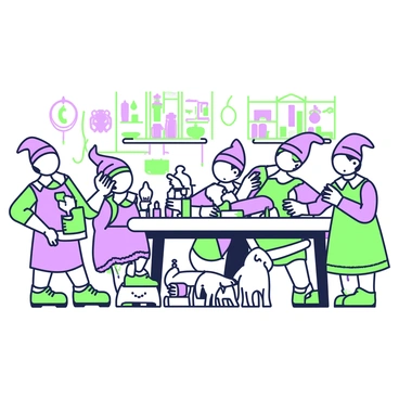 A workshop is filled with activity as vintage elves are busy crafting wooden toys. The elves have pointed ears and wear traditional clothing, with some holding tools like chisels and saws, while others examine finished toys. The workshop is illuminated by flickering candlelight casting warm shadows across the wooden workbenches. In the background, shelves filled with various toy parts and wooden blocks are visible. Delicate wooden animals and dolls, some with intricate carvings, are displayed on a table. The elves work diligently, surrounded by the scent of wood shavings and wax.