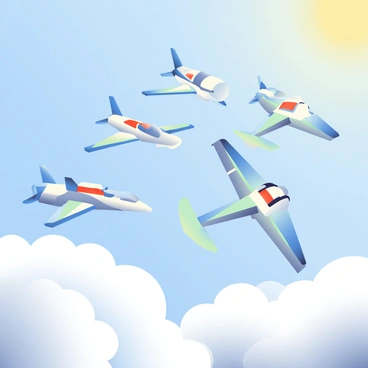 A group of five electric planes is flying in a synchronized formation high above a blanket of fluffy white clouds. Each plane has a sleek, aerodynamic design with glossy blue and white paint, reflecting sunlight as they soar through a clear blue sky. The planes are positioned in a V-formation, with the lead plane slightly ahead of the others. Below them, the soft white clouds create a serene backdrop, contrasting with the vivid colors of the aircraft. The sun is shining brightly, adding a warm glow to the scene and illuminating the wings of the planes as they glide effortlessly through the air.