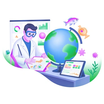 A modern pastel illustration depicting a marine biologist wearing a lab coat and a pair of goggles, focused on a large, transparent globe illustrating ocean currents. The globe is surrounded by colorful graphs and charts representing weather patterns. The biologist is holding a clipboard with notes, and a digital tablet displaying various oceanographic data is resting on a nearby table. In the background, there are marine life illustrations, including fish and coral, to emphasize the oceanic theme.
