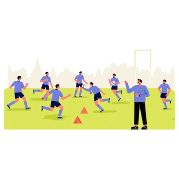 A professional football team is depicted on a grassy field during a foggy morning. The players, dressed in matching dark blue uniforms, are engaged in various training drills. Some players are practicing passing the ball, while others are running through agility cones. A coach, wearing a whistle around their neck, is observing the training and giving instructions. The fog creates a misty atmosphere around the field, partially obscuring the background, which features tall goalposts and trees lining the perimeter. The soft light of the morning enhances the scene, adding a sense of focus and determination among the athletes.