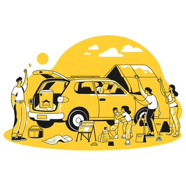 A family of four is gathered around a car parked in a driveway, preparing for a weekend camping trip. The father is lifting a large cooler and placing it into the trunk of the car. The mother is organizing camping chairs and a tent nearby. Two children are happily holding colorful sleeping bags while looking at a map. Various camping gear and supplies, such as a backpack, fishing rods, and a portable grill, are scattered around the car. Sunlight casts shadows as the family eagerly packs, showcasing their anticipation for the adventure ahead.