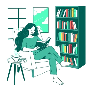 A teal woman with long flowing hair is lounging in a comfortable white armchair. She is deeply immersed in a book, with a peaceful expression on her face. Surrounding her are colorful bookshelves filled with a variety of books in different sizes and shapes. The books display a mix of vibrant colors, creating an inviting atmosphere. A small white side table next to the armchair holds a steaming cup of tea and a pair of reading glasses. Soft light filters in from a nearby window, enhancing the cozy scene.