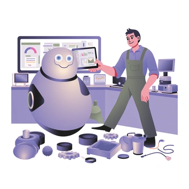 A digital flat illustration depicting a friendly robot with a rounded body and a cheerful expression, standing beside a worker. The robot features a shiny metallic surface and has glowing blue eyes. The worker is a middle-aged man with light skin and short, dark hair, wearing a blue shirt and gray overalls. He is observing the robot as it uses a touch screen interface displaying colorful charts and graphs. Various tools and automated components are scattered around them, including gears and wires, suggesting an environment focused on automation. The background includes a workstation filled with machines and technology, emphasizing the theme of efficiency and modernization.