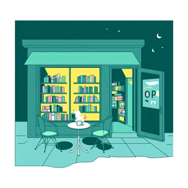 A teal bookstore stands open late at night, its wooden door slightly ajar. Warm yellow lights glow softly from within, illuminating the cozy interior filled with tall bookshelves lined with colorful books. A few large windows display the inviting atmosphere, with the warm light casting a comforting glow onto the sidewalk outside. A small round table with two chairs is positioned near the entrance, with a steaming cup of tea resting on the table. The night sky overhead is dark, contrasting with the vibrant warmth emanating from the bookstore.