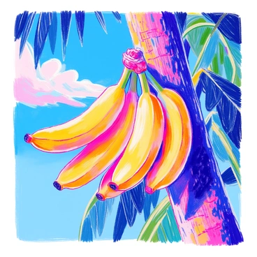 A bunch of ripe bananas is hanging from a tropical tree. The bananas are bright yellow and have a slight sheen. The tree has large, green leaves that fan out around the bananas. The sky above is a clear blue with a few soft, white clouds scattered throughout. The sunlight casts gentle shadows on the tree trunk, highlighting its rough texture.