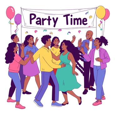 A vibrant scene depicts people of various ethnicities dancing joyfully together at a lively party. In the center, a group of individuals, including a person with curly black hair wearing a yellow shirt and a woman with long braids in a teal dress, are laughing and moving in rhythm to the music. Surrounding them, others are clapping and cheering, creating a festive atmosphere. Colorful streamers and balloons hang above, adding to the celebration. The background features a large banner that reads "Party Time" in bold letters, enhancing the cheerful vibe of the gathering.