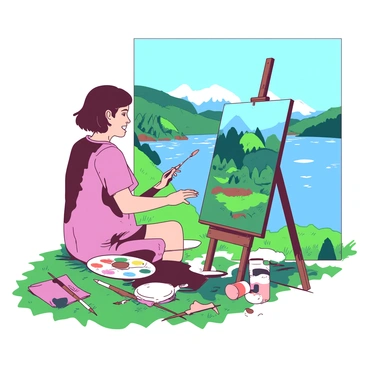 An artist with short brown hair is sitting on a grassy hillside, holding a paintbrush in one hand and a palette in the other. The artist is focused on a canvas that displays a colorful landscape of Lake Como. In the background, there are rolling hills covered with vibrant green trees under a clear blue sky. The lake itself reflects the surrounding mountains, with shades of blue and green rippling across its surface. Scattered around the artist are tubes of paint and brushes, creating a creative atmosphere.