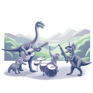 A lush valley with rolling green hills serves as the backdrop for a vibrant concert. In the foreground, several dinosaurs are animatedly playing musical instruments. A large Brachiosaurus is using its long neck to strum a giant guitar, while a Triceratops is passionately playing a set of drums with its three prominent horns. Nearby, a Velociraptor is skillfully blowing into a saxophone, and a Stegosaurus is holding a tambourine in its armored plates. The scene is filled with energy and movement, as the dinosaurs express joy through music in this unique setting.