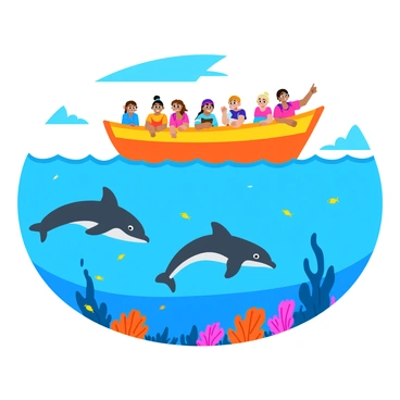 A colorful boat filled with children is gently floating on clear blue water. The children, wearing bright swimwear, are leaning over the sides of the boat, excitedly pointing at the underwater scene below. Below the surface, a vibrant coral reef is visible, adorned with various shades of pink, orange, and purple corals. Playful dolphins are leaping through the water near the boat, their sleek bodies glistening in the sunlight. Tiny fish of different colors swim among the corals, adding to the lively underwater tableau. The sky above is bright and sunny, enhancing the cheerful atmosphere of the scene.