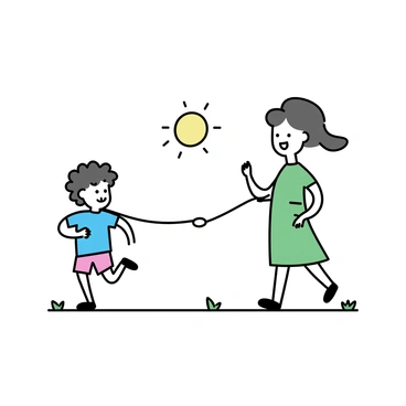 A child with curly hair, wearing a bright blue t-shirt and red shorts, is running joyfully across a grassy field. The child is looking back at a nearby parent, who is standing with a smile, wearing a green dress and sandals. The connection between them is depicted by a delicate, transparent line representing an invisible leash, showing the bond between the child and parent. The sun is shining brightly in a clear blue sky, creating a cheerful atmosphere.