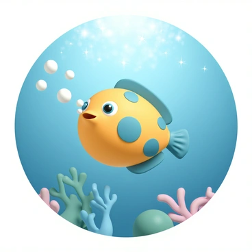 A playful puffer fish, with vibrant yellow and blue spots on its body, is blowing small, shimmering bubbles from its mouth. The fish is swimming in a clear, blue ocean filled with coral and underwater plants that sway gently. As the puffer fish swells slightly, it chases the bubbles with excitement, its fins gracefully moving through the water. The sunlight filters down, creating a sparkling effect on the water's surface above.