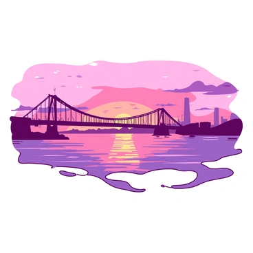 A panoramic view of the Penang Bridge extends across the water, silhouetted against a vibrant sky. The sky is filled with shades of pink and orange as the sun sets on the horizon. The bridge features multiple lanes, with its structure elegantly arching over the water. Below, gentle waves reflect the colors of the sunset, creating a serene atmosphere. In the distance, the outline of the island can be seen, adding depth to the composition.