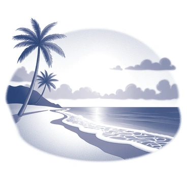 A beach scene featuring soft, fine sand stretching along the shoreline. Gentle waves are lapping at the edge, creating a rhythmic pattern. The sun is positioned low on the horizon, casting elongated shadows and illuminating the scene with a warm light. Silhouetted palm trees gently sway in the breeze, framing the view of the vast ocean. The sky above is filled with dynamic cloud formations, reflecting various shades of light, creating a captivating atmosphere.