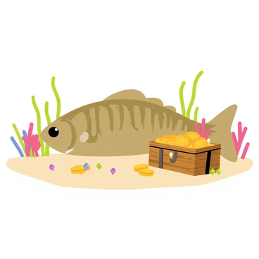 A halibut with a flat, oval-shaped body resting on the sandy ocean floor. Its skin displays a mottled pattern in shades of brown and green. Nearby, a sunken treasure chest, made of wood and adorned with rusted metal accents, partially buried in the sand. Around the chest, scattered golden coins and sparkling jewels glimmer in the soft underwater light. Small coral formations and colorful seaweed frame the scene, creating a vibrant underwater environment.