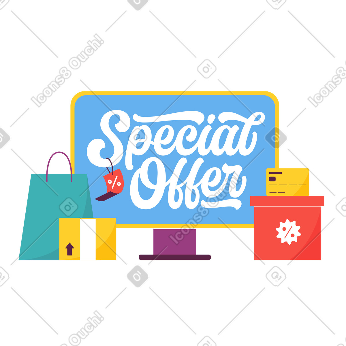 Ilustración Oferta especial lettering con compras empaquetadas en estilo Sammy a descargar en PNG y SVG