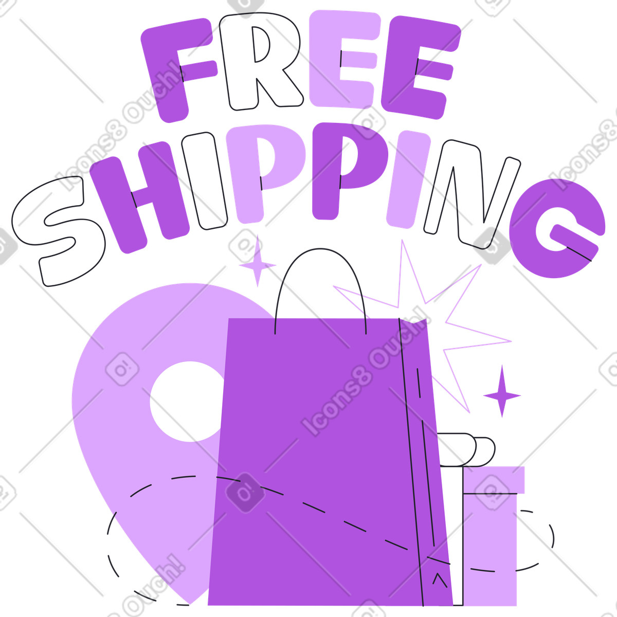 Gift boxes and shopping bag with location pin, Free shipping promotion illustration in Grapy style download in PNG, SVG