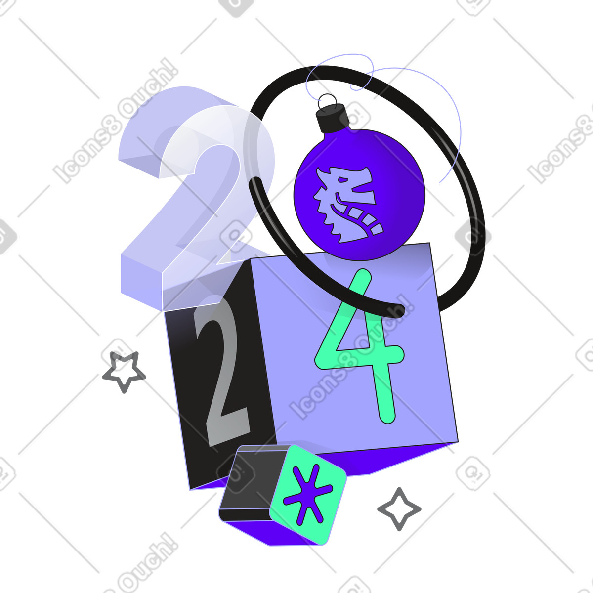 Year 2024 with dragon themed bauble illustration in Incut style download in PNG, SVG